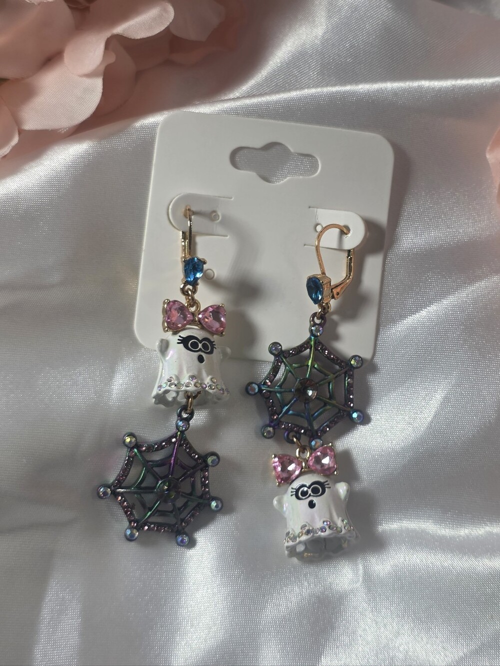 Betsey Johnson - Gold Tone Multicolor Ghost & Spiderweb Dangle Earrings